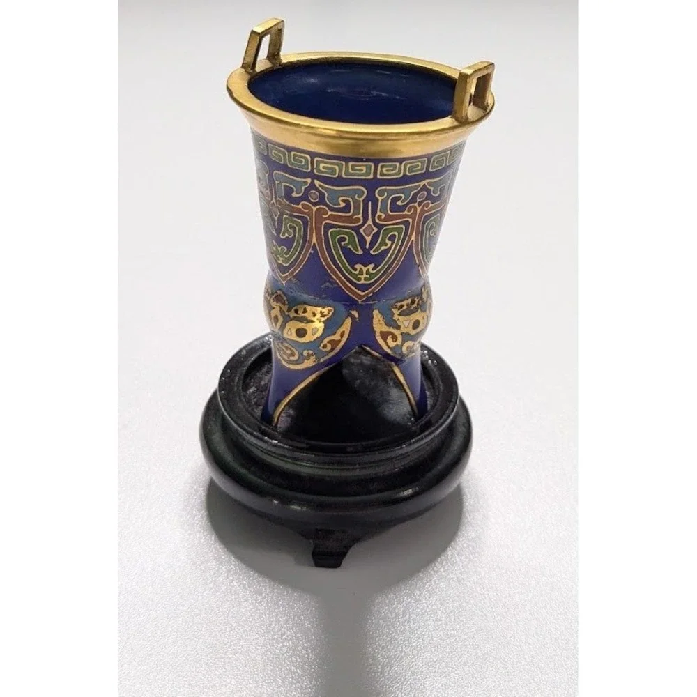 Blue & Multicolor Cloisonné Enamel Mini Vessel with Handles – Bud Vase on Stand